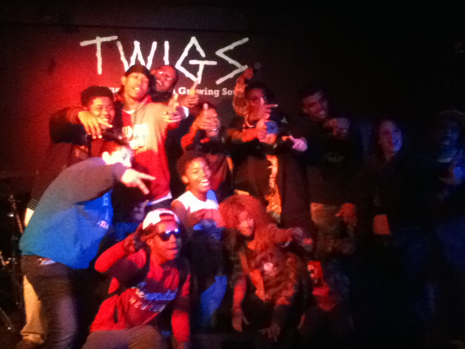 Young people gathering together at a T.W.I.G.S. youth open mic